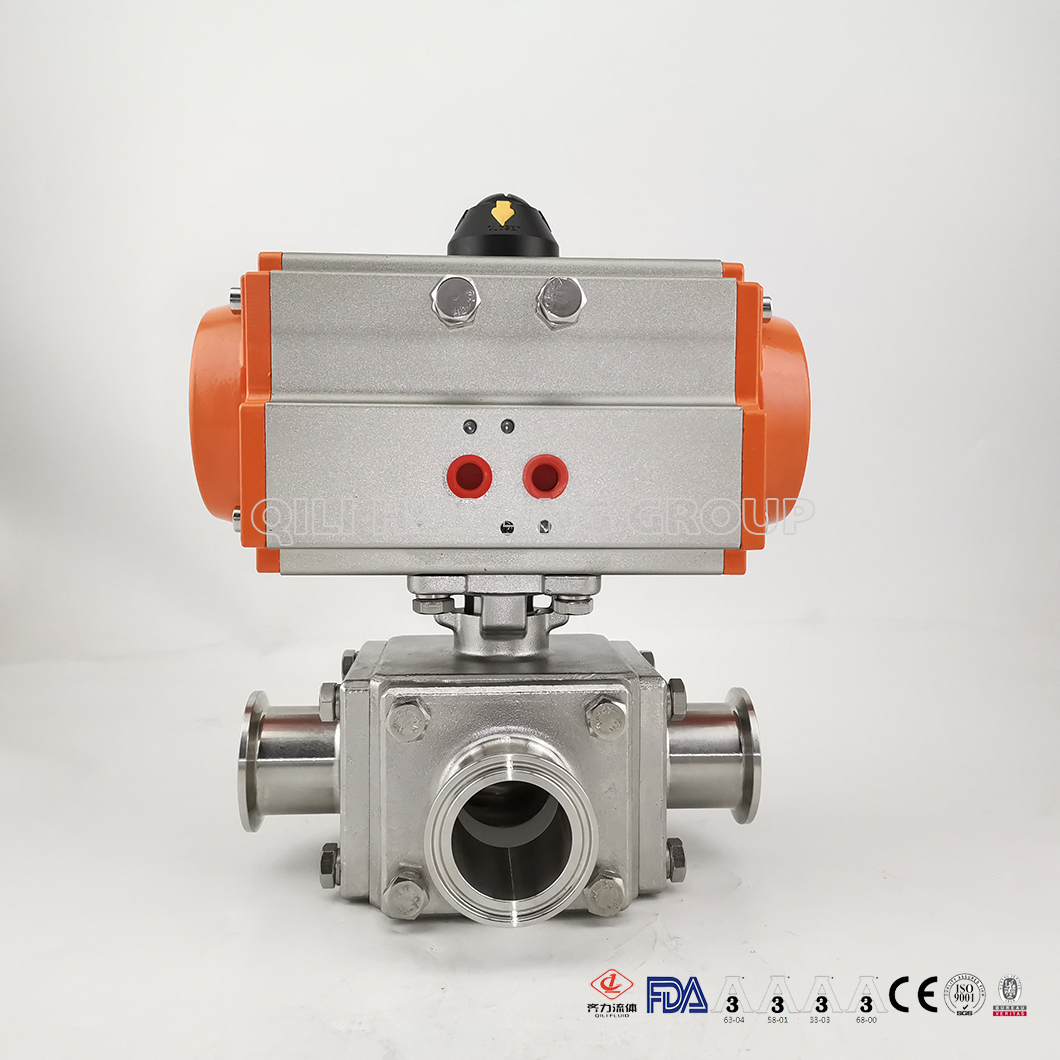 SS304 SS316L Food Grade 3 Way Pneumatic T Or L Type Ball Valves