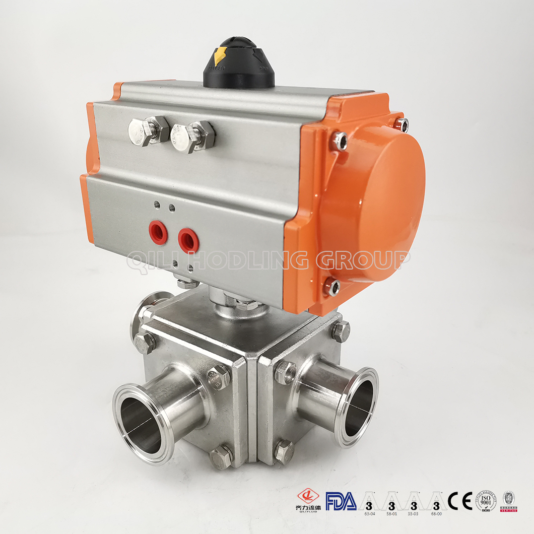 SS304 SS316L Food Grade 3 Way Pneumatic T Or L Type Ball Valves