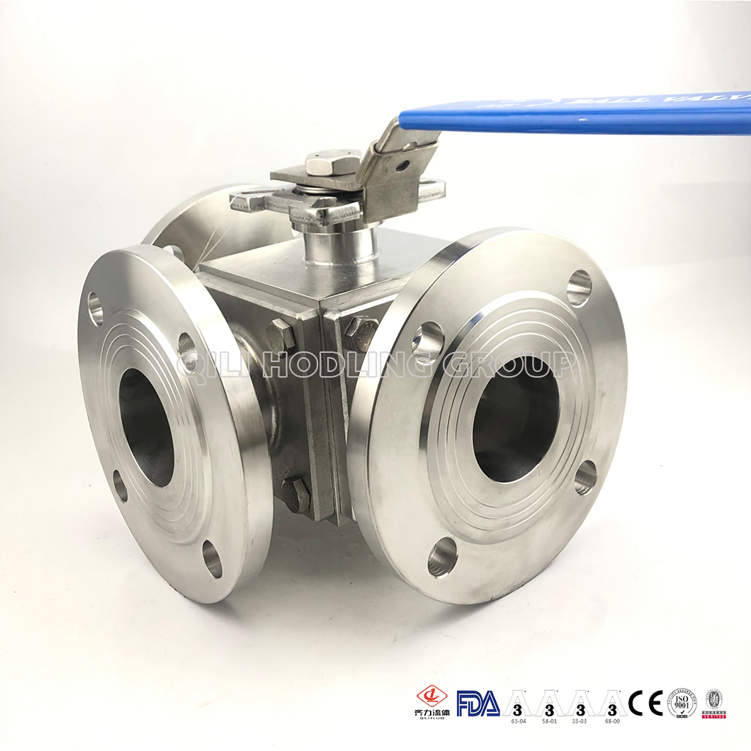 Sanitary Stainless Steel Three Way Clamped hygienic encapsulated Ball Valve Full Port, Flange End ISO5211-Direct Mount Pad