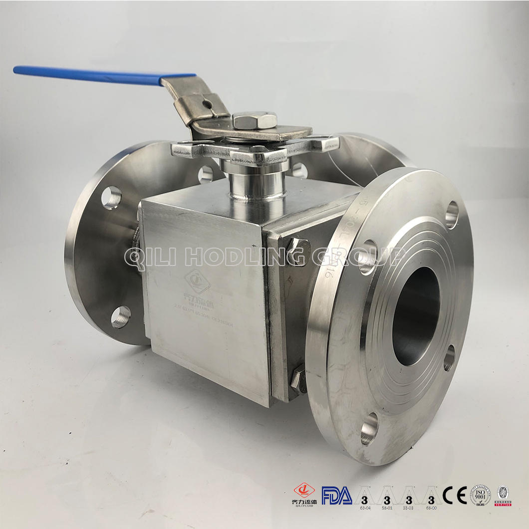 Sanitary Stainless Steel Three Way Clamped Ball Valve Full Port, Flange End ISO5211-Direct Mount Pad